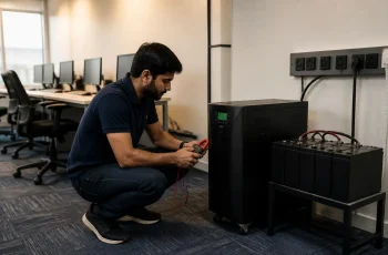 Engineer measuring load on an online UPS with battery bank installed for office computers in Delhi