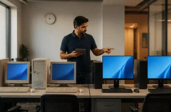 IT engineer comparing old Windows 10 desktops with new Windows 11 workstations in a Delhi office