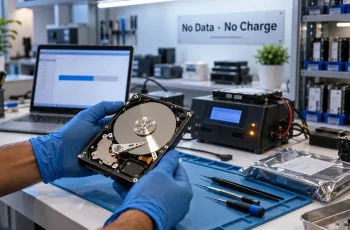 Opened hard drive held in gloved hands on an anti-static mat, with a No Data No Charge sign in the background