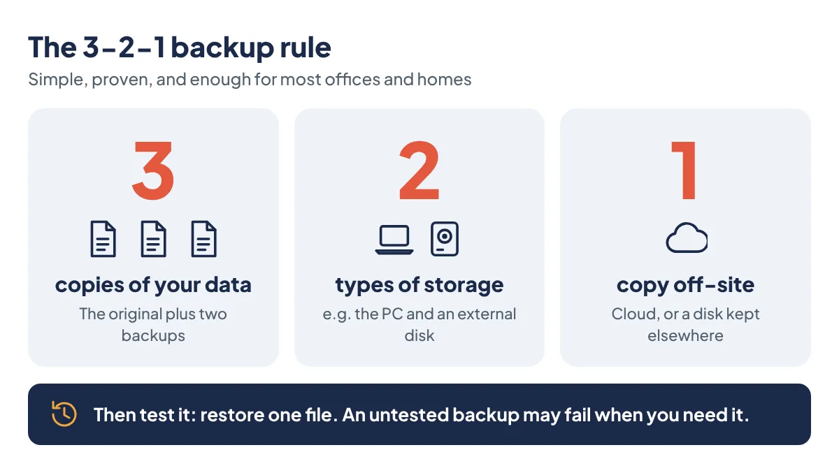 The 3-2-1 backup rule: 3 copies of your data, on 2 types of storage, 1 copy off-site, then test by restoring one file