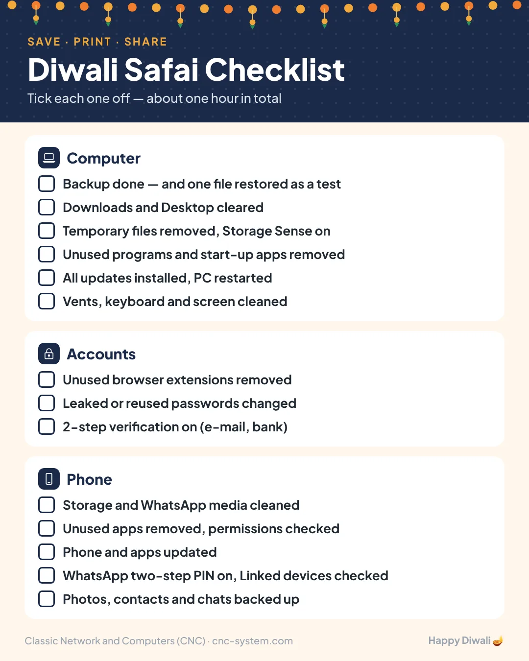 Diwali safai checklist with 14 tick boxes for computer, accounts and phone clean-up