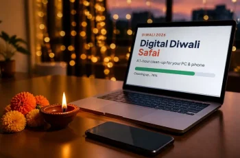 Laptop showing "Digital Diwali Safai" next to a diya, marigolds and a phone