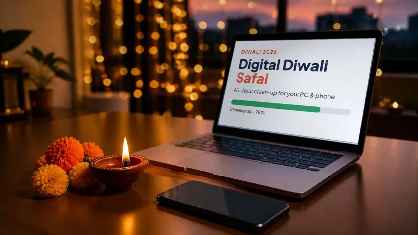 Laptop showing "Digital Diwali Safai" next to a diya, marigolds and a phone