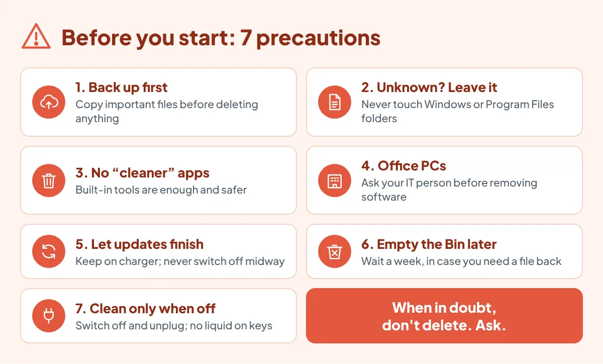 Seven precautions before cleaning up a computer: back up first, do not delete unknown files, avoid cleaner apps, ask IT on office PCs, let updates finish, empty the Recycle Bin later, clean only when switched off