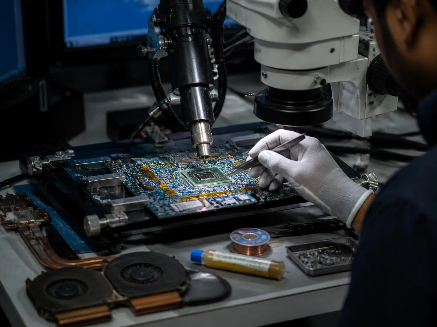 Gaming laptop motherboard under a hot-air rework station for GPU reball repair at a Delhi repair lab