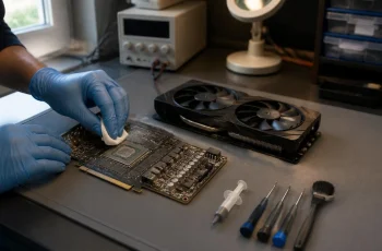 Technician cleaning old thermal paste from a graphics card GPU chip during repair at CNC, West Patel Nagar, Delhi