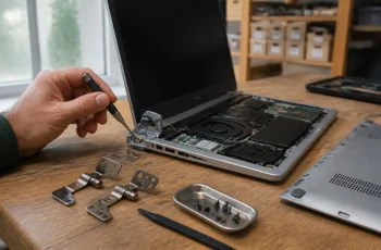 Broken laptop hinge mount with cracked plastic being repaired on a workbench at CNC, West Patel Nagar, Delhi