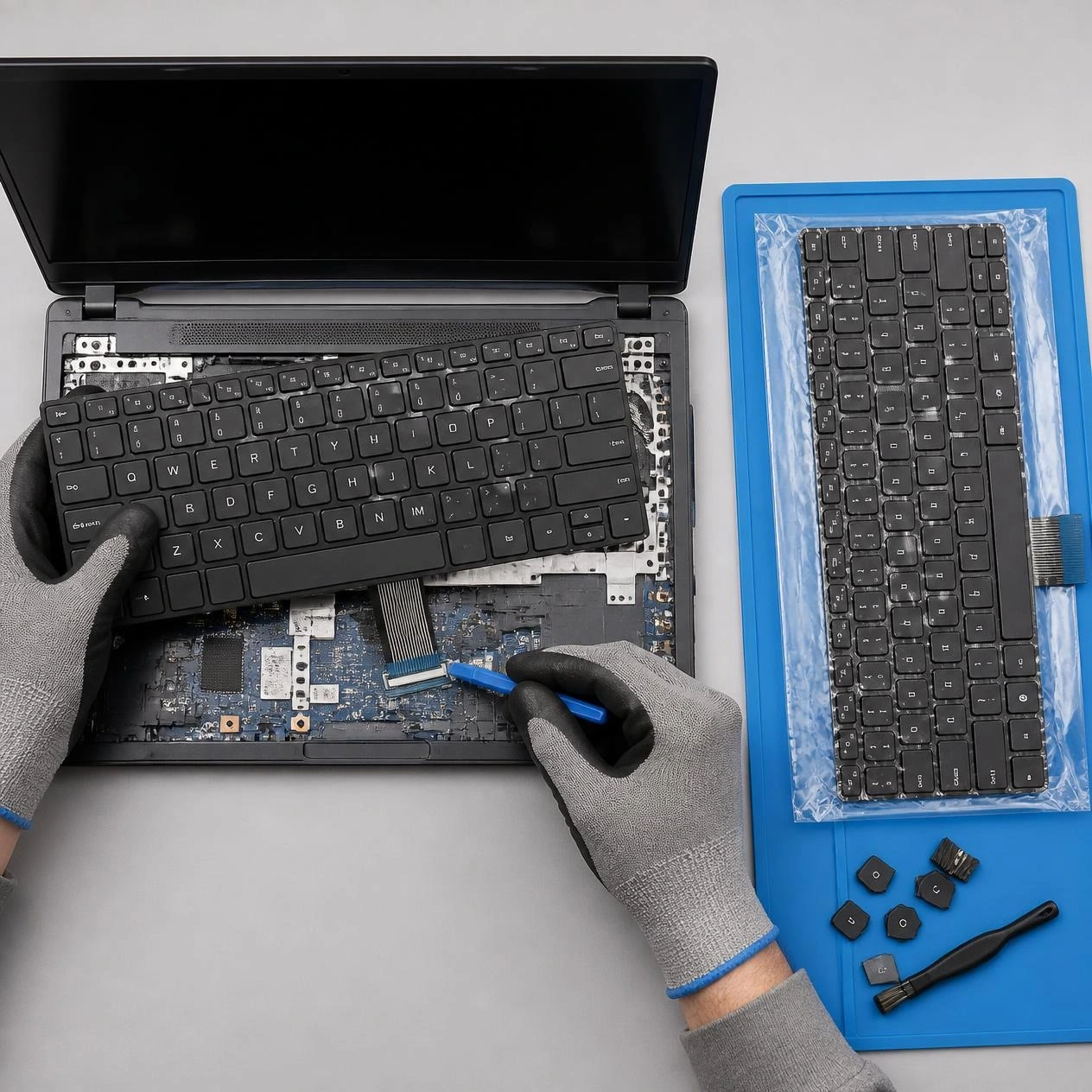 Technician replacing a laptop keyboard by releasing the ribbon cable on a repair bench in Delhi