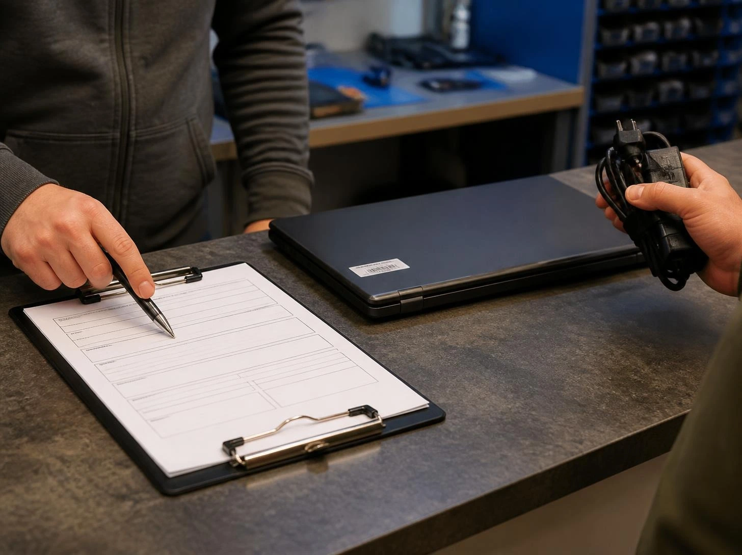 Technician filling in a laptop repair job card with the customer at a repair workshop counter in Delhi