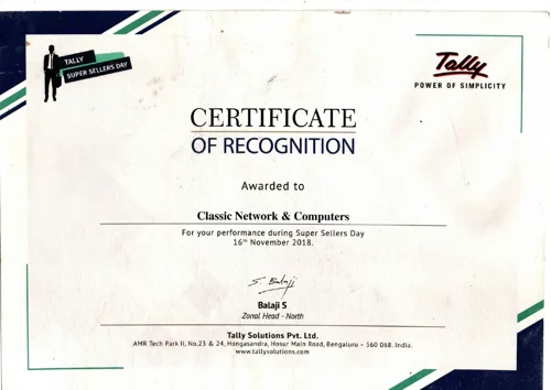 Tally Certificate of Recognition — CNC Award