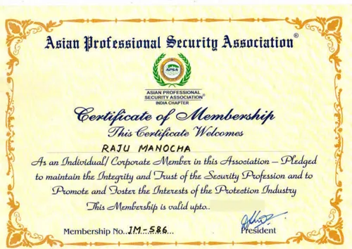 Asian Professional Security Association Membership — CNC Certificate